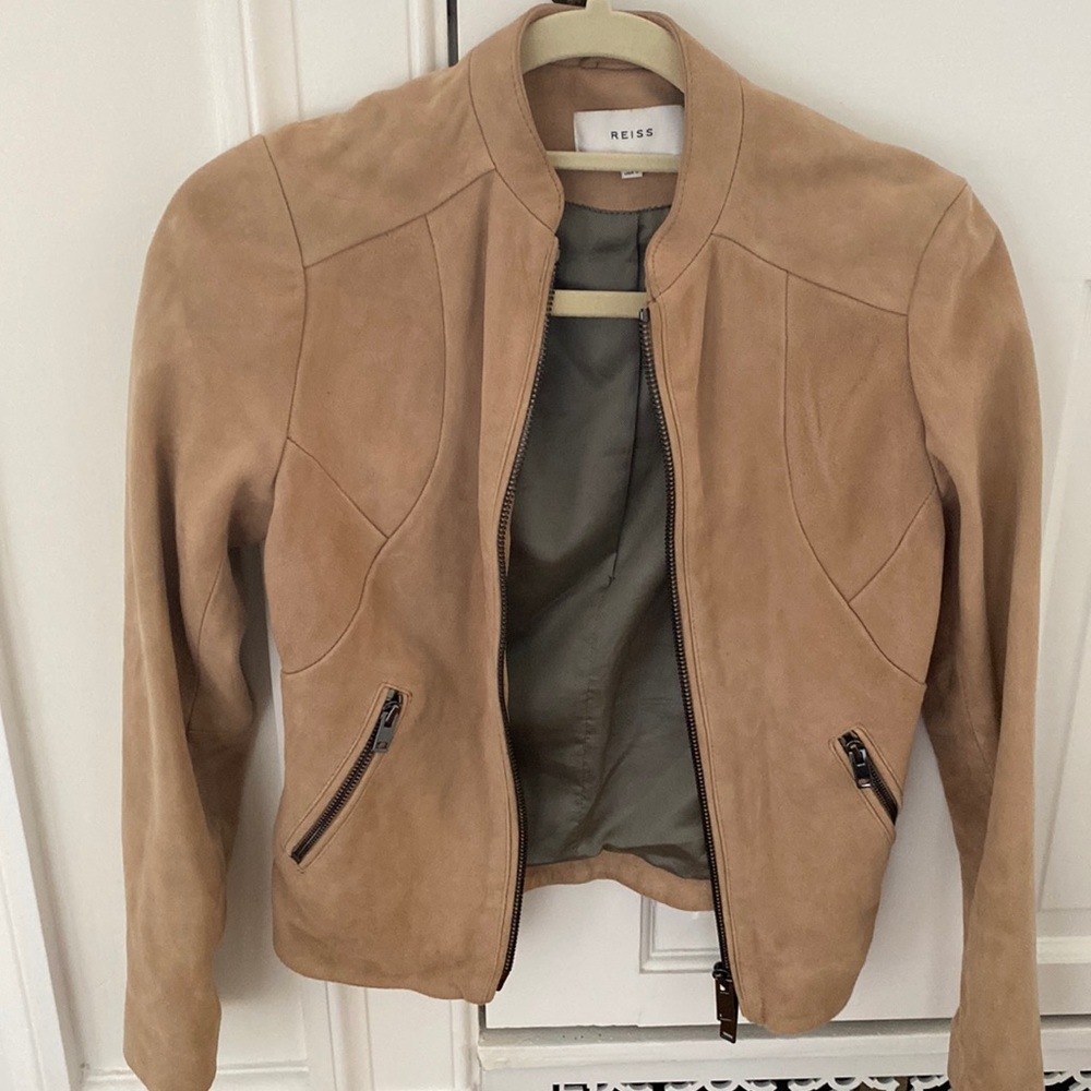Reiss tan suede moto jacket in great condition size 2 US
